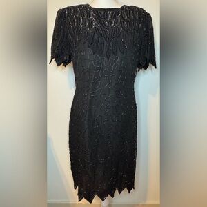 Laurence Kazar New York Vintage Black Silk Beaded Cocktail Dress Size L